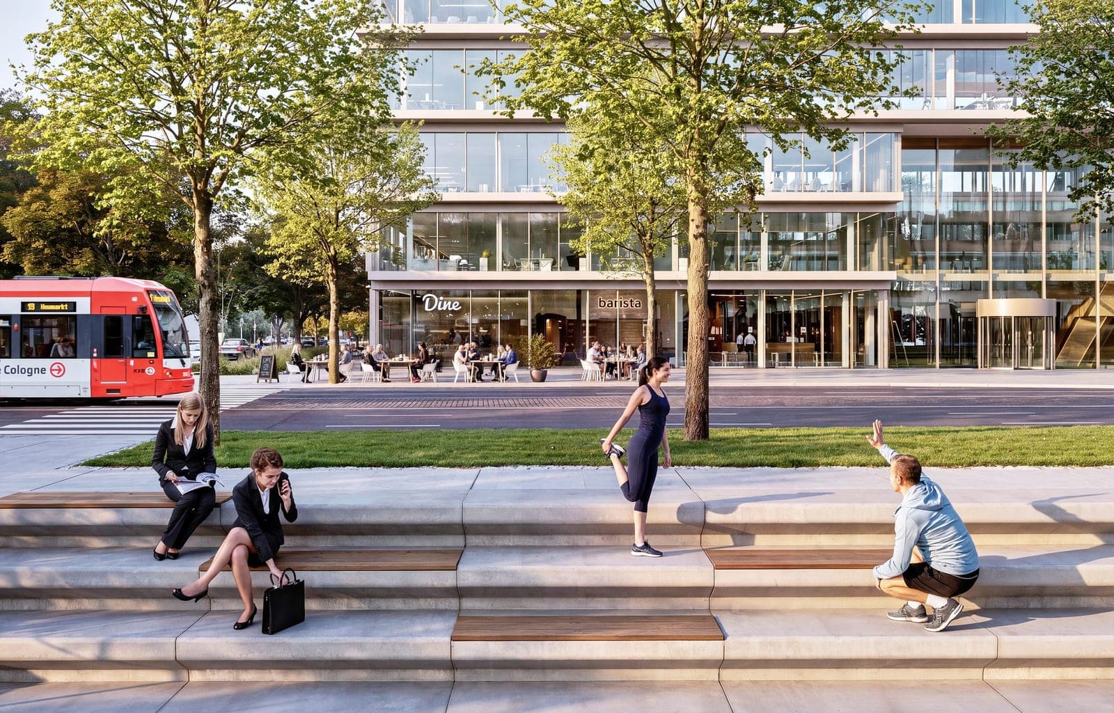 Helenenwallstraße Köln — Visualisierung des Quartiersplatzes mit Gebäude, Bäumen und Straßenbahn